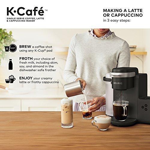 Keurig K-Cafe Einzelportions-Kaffeemaschine für Kaffee, Latte Macchiato und Cappuccino, inklusive Milchaufschäumer, spülmaschinenfest, Fassungsvermögen für mehrere Portionen, kompatibel mit allen K-Cup-Kapseln, Farbe: Dunkelgrau