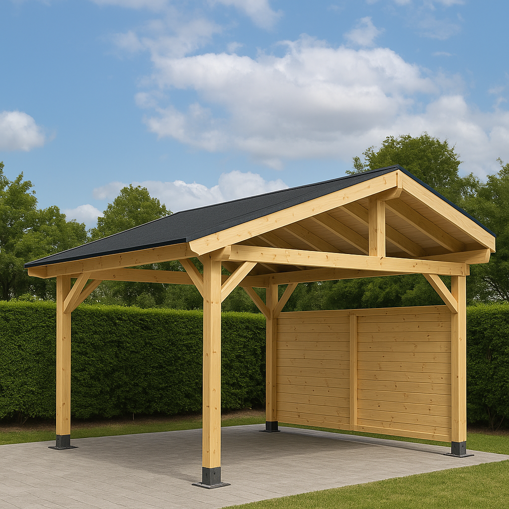 Abri de voiture avec structure en bois naturel à double pente pour jardin extérieur, 6 x 4 x 3,4 m