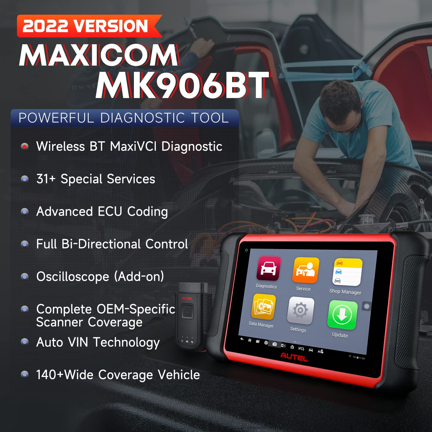 Autel Scanner MaxiCOM MK906BT Car Diagnostic Tool, [Bonus $60 MV108], Functions Same as MK906 Pro/ MS906 Pro, Advanced ECU Coding, Active Tests, VAG Guided, 36 Services, FCA Autoauth