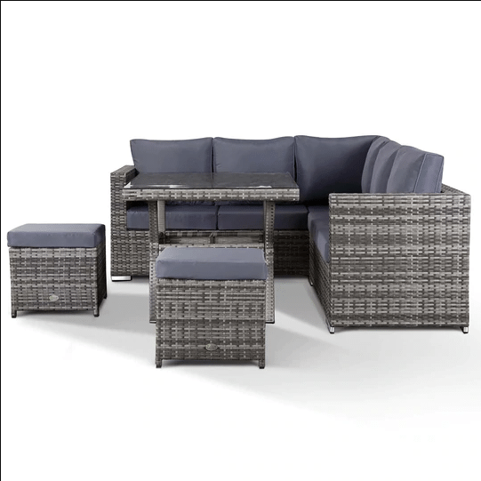 Azkoeesy 7 Seater Rattan Garden Furniture Set Semi-Assembled Rattan Garden Furniture Sets 5 Pieces Corner Sofa Dining Set Wicker Outdoor Patio Sofa Set with Table and Seat Cushions