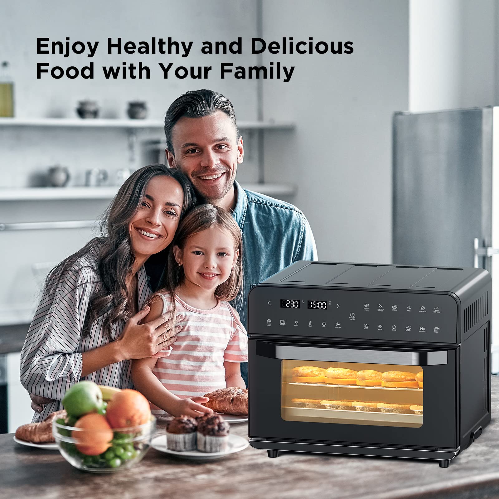 25L Convection Oven, Digital Countertop Convection Mini Oven,12 in 1 Multi-function Air Fryer Toaster Oven Combo, Electric Oven, Stainless Steel Pizza Oven, Roast, Bake & Dehydration, 1800W, Black