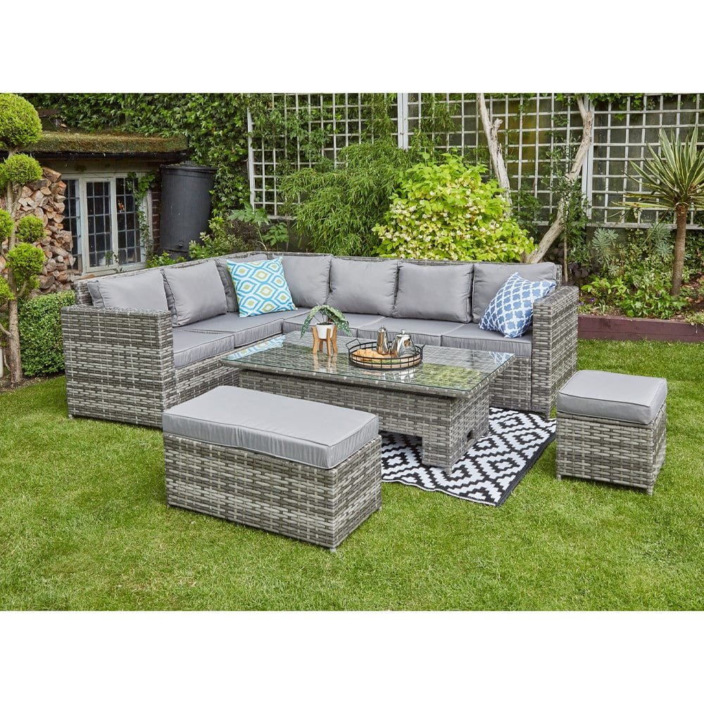 BARCELONA 9 SEATER RATTAN GARDEN DINING SET WITH RISING TABLE IN GREY