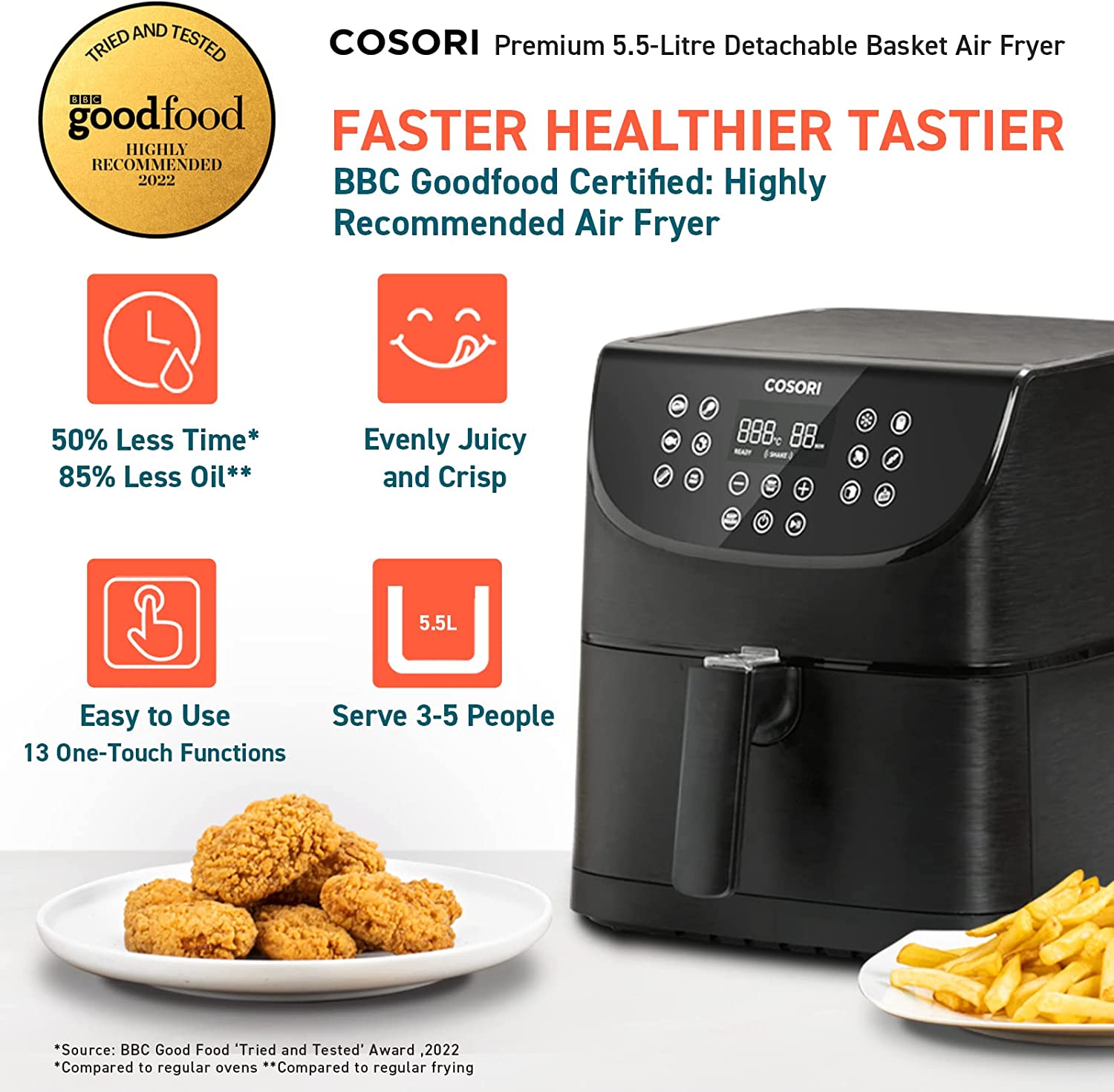 COSORI Air Fryer with 100 Recipes, XXL 5.5L Domestic Oil-Free Air Fryer, 11 Presets, Preheat and Shake Alert, LED One Touch Screen, Timer and Temperature Control, Non-Stick, 1700W