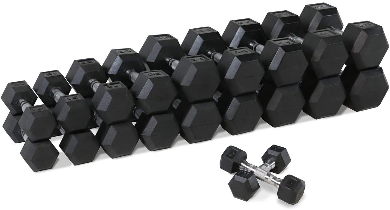 WF Athletic Supply Rubber Coated Hex Dumbbell Set with Dumbbell Rack