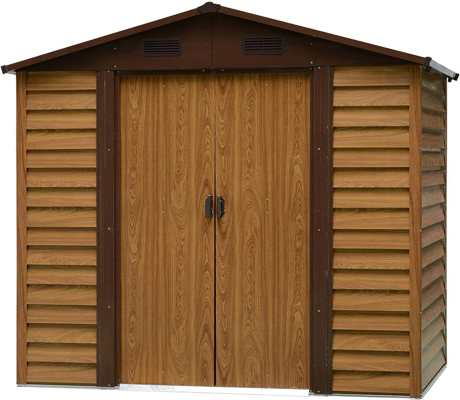 Outsunny 8 x 6ft Garden Metal Storage Shed House Hut Gardening Tool Storage with Kit and Ventilation, Brown with Wood Grain
