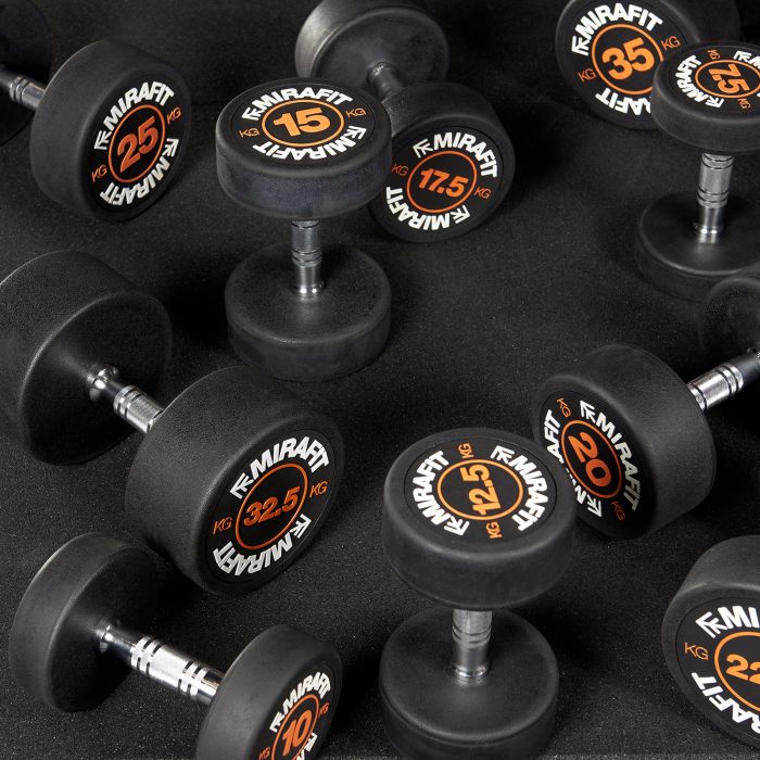 MIRAFIT RUBBER DUMBBELL SET & 3 TIER WEIGHT RACK