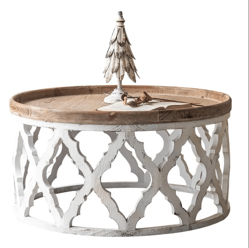 White Round Coffee Table with Tray Top Wooden Carved Accent Table (Set of Two)