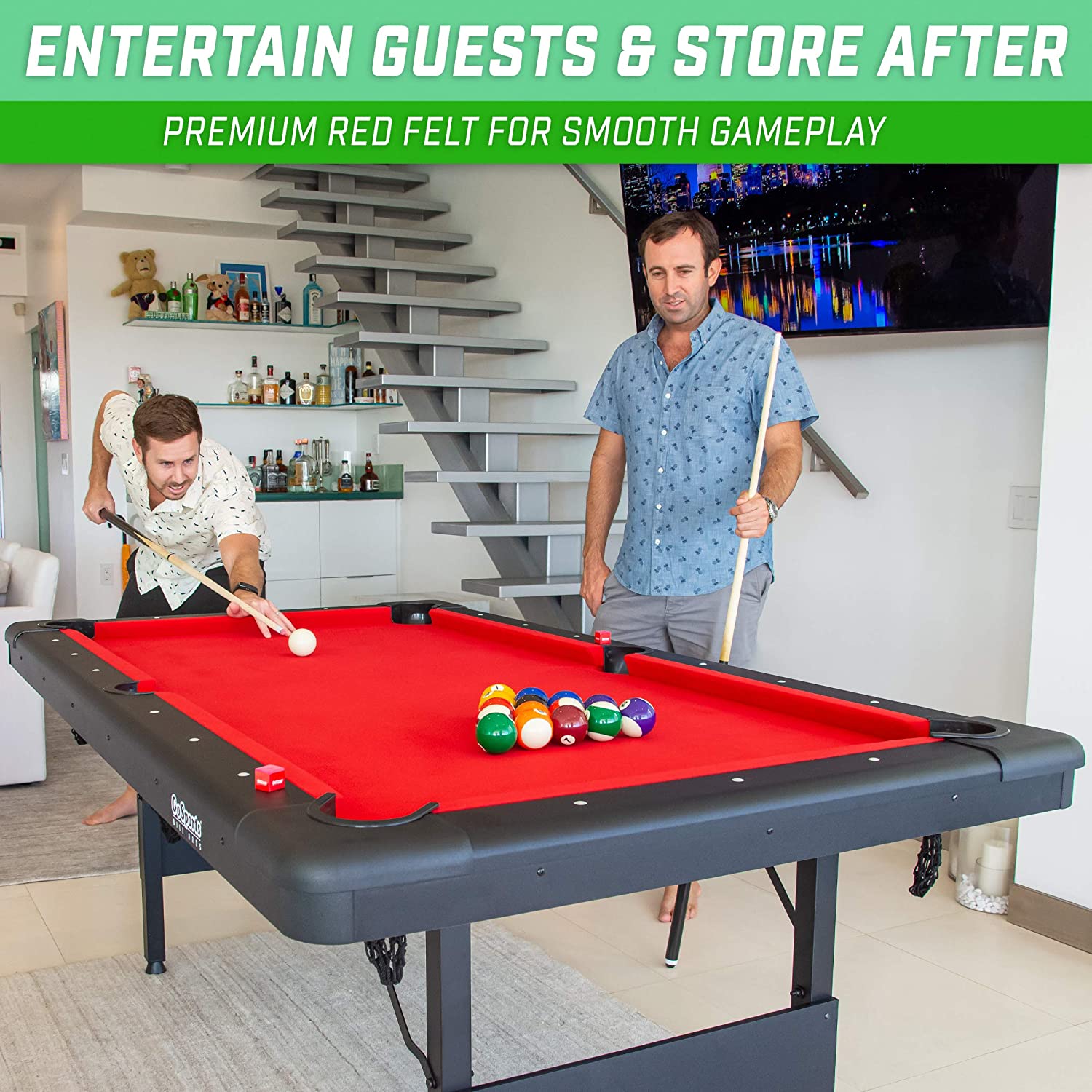 GoSports 6ft or 7ft Billiards Table – Portable Pool Table – Includes Full Set of Balls, 2 Cue Sticks, Chalk, and Felt Brush; Choose Your Size and Color