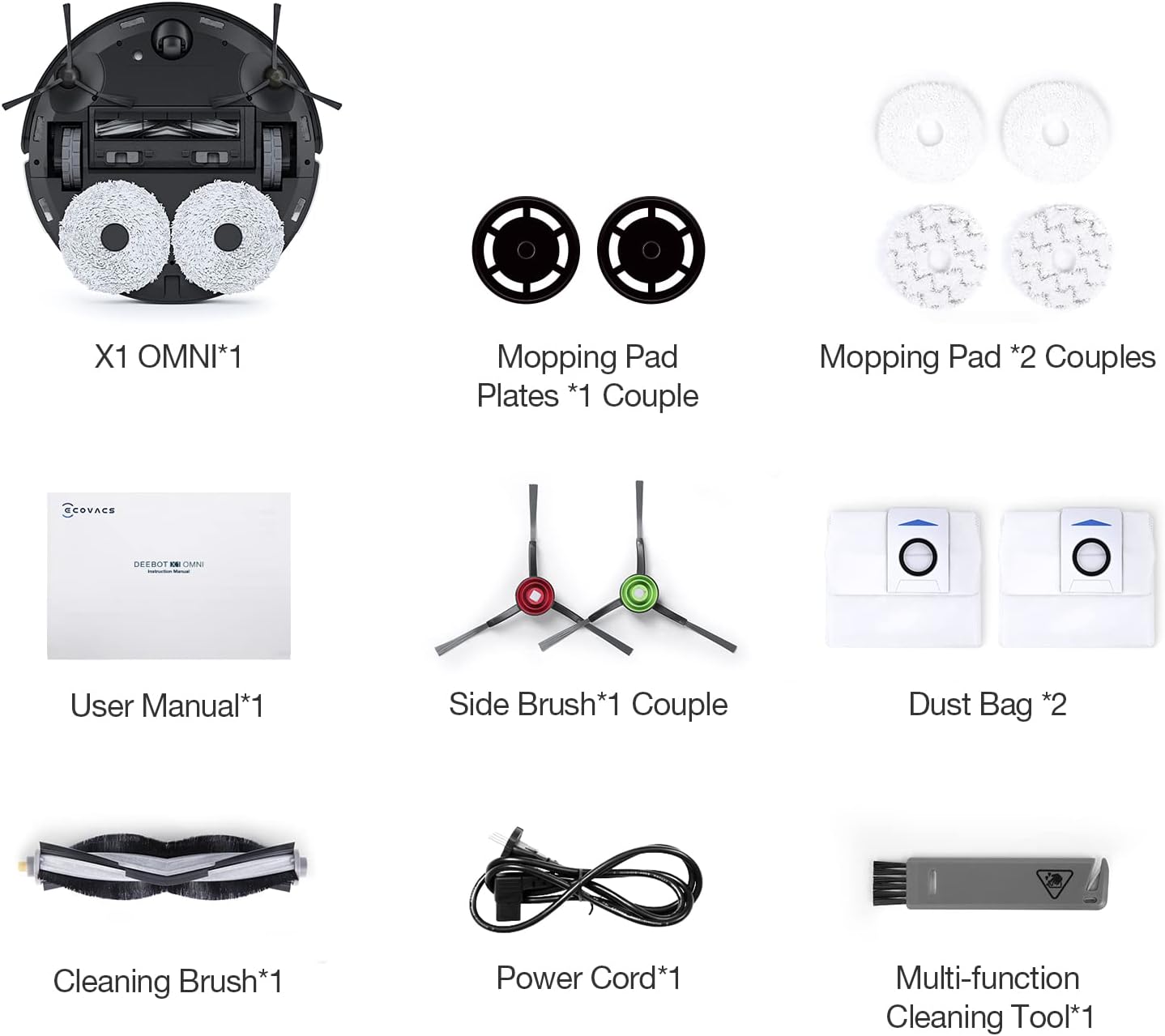 ECOVACS DEEBOT X1 OMNI Robot Vacuum Cleaner, Auto Mop Washing/Hot Air Drying/Water Refilling/Auto-Emptying, 260 min, 3875 sqft, Dual Mops, 3D Maps, Live Monitoring & Video Call, YIKO Voice Interaction