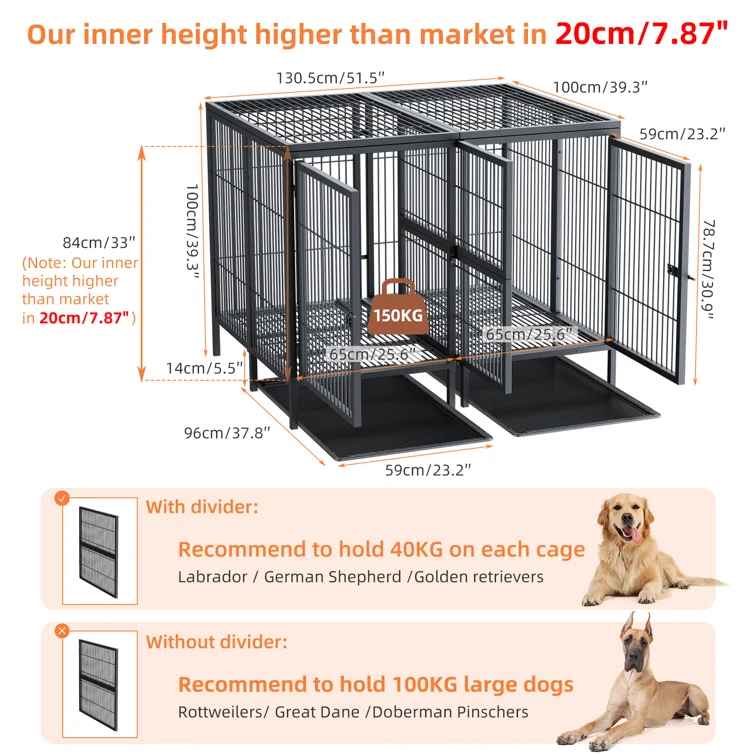 52 Inch Dog Crate With Divider Panel, Heavy Duty Pet Cage House For 2 Large