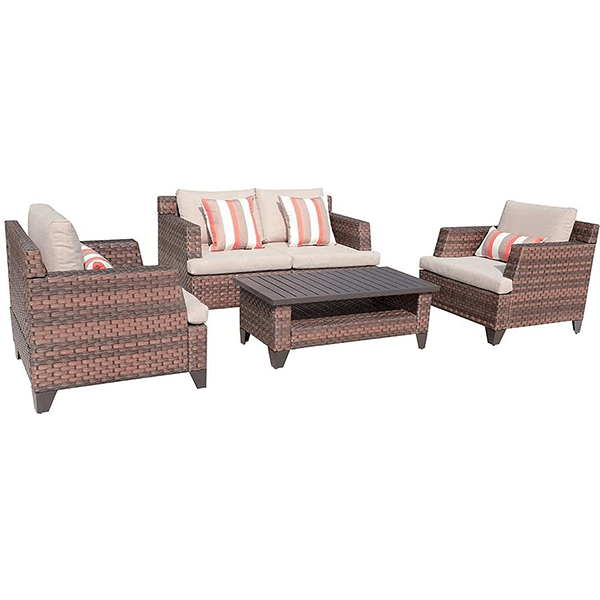 5-piece outdoor patio furniture set, wicker patio dialogue set with waterproof sofa cover, coffee table with aluminum slatted top, brown PE rattan