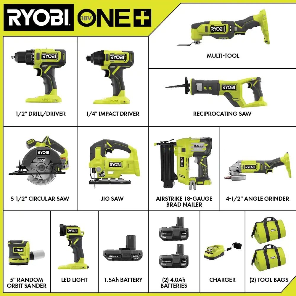 RYOBI 18V 10-Tool Combo Kit Power Tools with (1) 1.5 Ah Battery and Charger