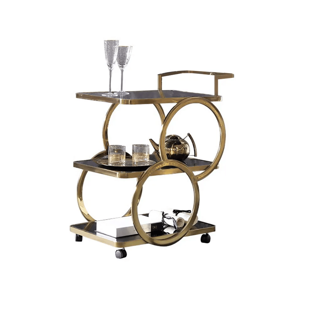 Modern Rolling 3-Tier Bar Cart on Wheel with Handle in Black & Brushed Gold Style A