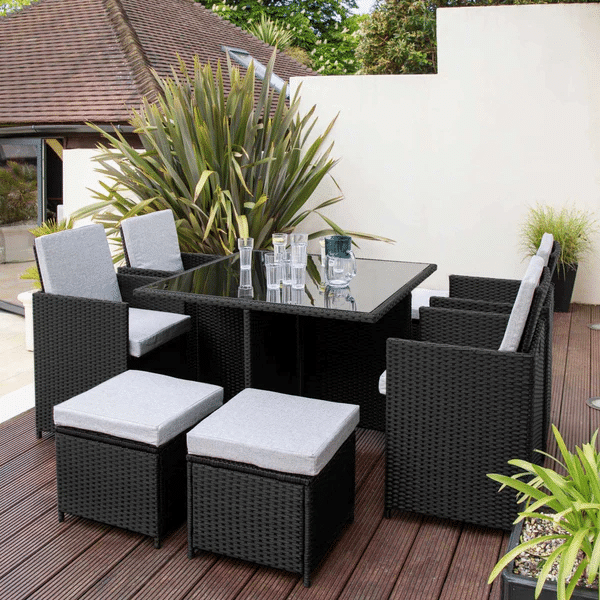 8 Seater Rattan Cube Outdoor Dining Set With Parasol - Grey Weave