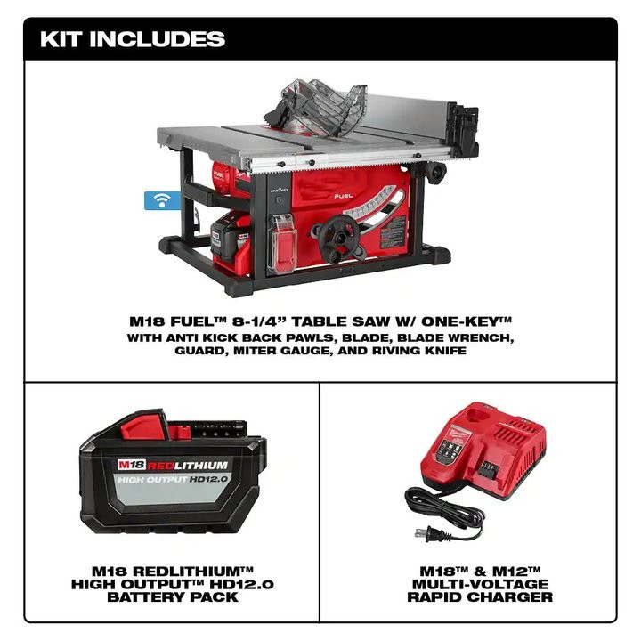 M18 FUEL ONE-KEY 18- volt Lithium-Ion Brushless Cordless 8-1/4 in. Table Saw Kit W/ (1) 12.0Ah Battery & Rapid Charger