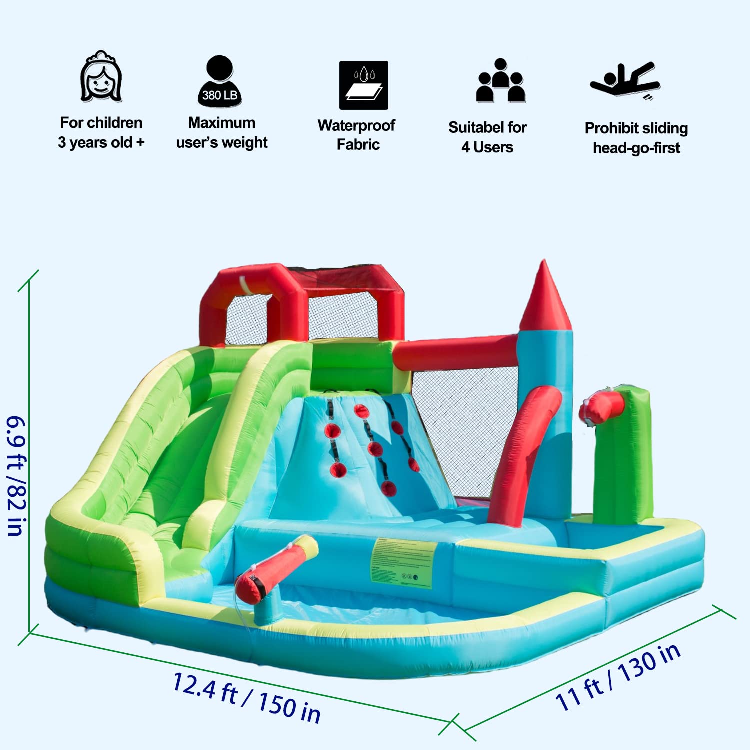 HIJOFUN Inflatable Water Slide for Kids and Adults,6-in-1 Bounce House with Waterslide Park,Air Blower,Deep Pool,Splash Pool,Water Cannon,Climbing Wall and Jumping Bouncer for Backyard Outdoor