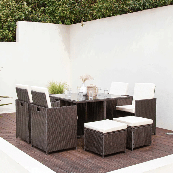 8 Seater Rattan Cube Outdoor Dining Set With Parasol - Grey Weave