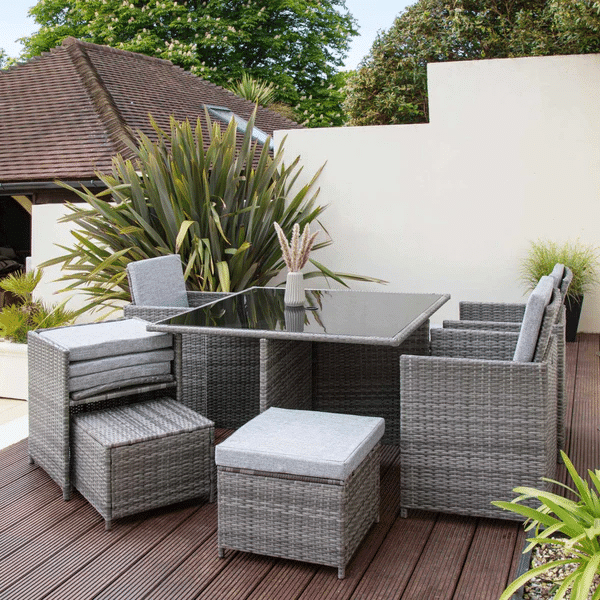 8 Seater Rattan Cube Outdoor Dining Set With Parasol - Grey Weave