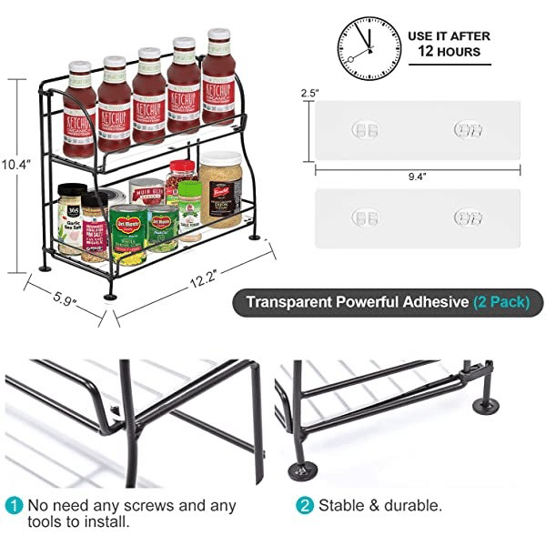 HOMOH Spice Rack Organizer for Countertop, 2-Tier Spice Organizer for Kitchen Cabinet, Foldable Seasoning Organizer Standing Storage with Guardrail Design with Shelf Liner for Pantry Bathroom Office