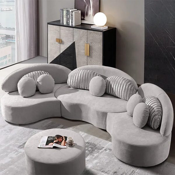 Modern 7-Seat Sofa Round Sectional Deep Gray Velvet Upholstered with Ottoman & Pillows