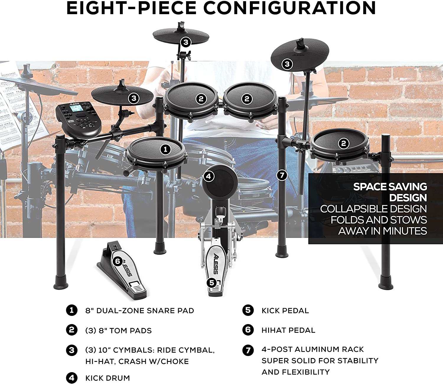 Alesis Drums Nitro Mesh Kit – Eight Piece All Mesh Electronic Drum Kit With Super Solid Aluminum Rack, 385 Sounds, 60 Play Along Tracks, Connection Cables, Drum Sticks & Drum Key Included