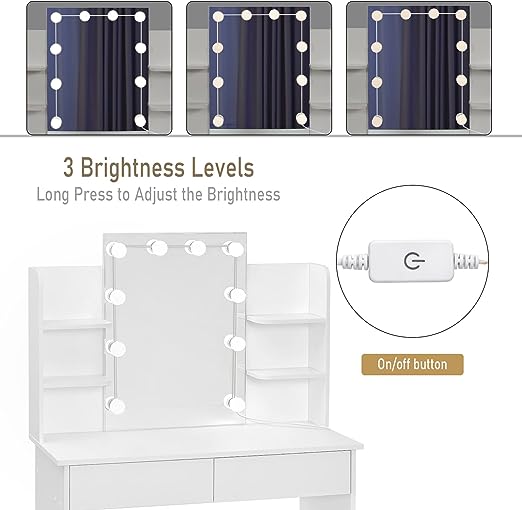 WOLTU Dressing Table with LED Lights, Vanity Table with Adjustable Brightness Mirror, Makeup Desk with 2 Drawers and Open shelves, Wooden Modern Bedroom Dresser, 90x40x135cm, White, MB6096ws