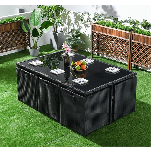 7-Piece Rattan Dining Set Outdoor Conversa tion Set with Glass-Top Rectangle Table and 6 Barrel Chair Cushion Included