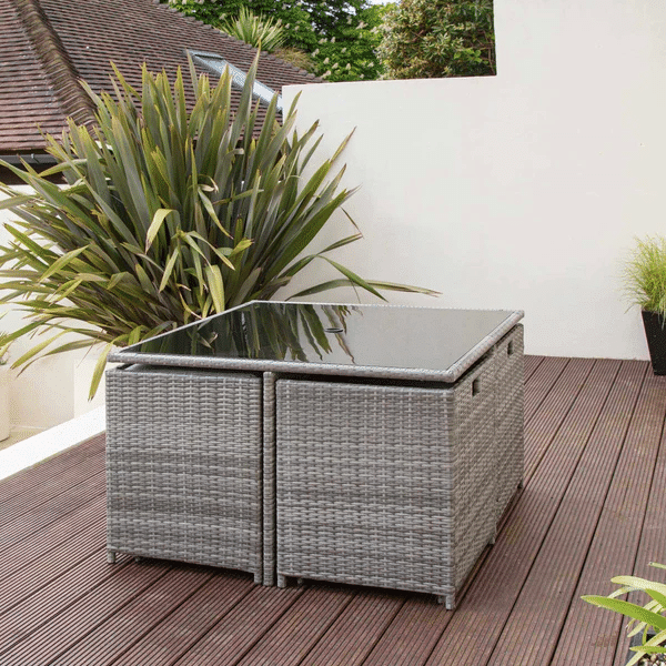 8 Seater Rattan Cube Outdoor Dining Set With Parasol - Grey Weave