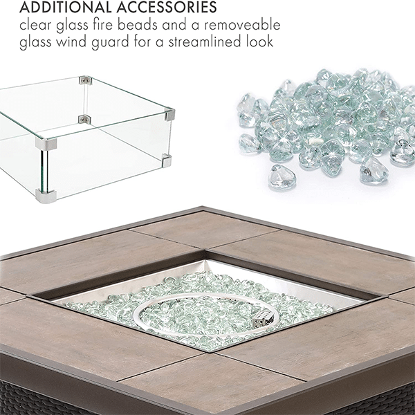 Kinger Home propane brazier table 5-piece set, suitable for outdoor patios, 42-inch stone tile roof LP brazier table, 4 rattan wicker swivel chairs, with blue outdoor cushions