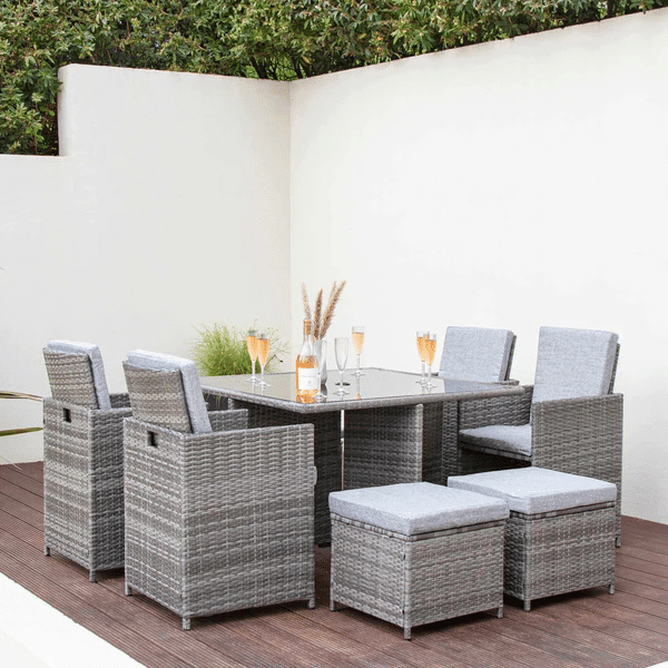 8 Seater Rattan Cube Outdoor Dining Set With Parasol - Grey Weave