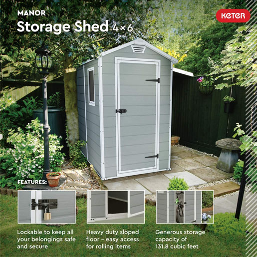 KETER Manor 4x6 Resin Outdoor Storage Shed Kit-Perfect to Store Patio Furniture, Garden Tools Bike Accessories, Beach Chairs and Lawn Mower, Grey & White