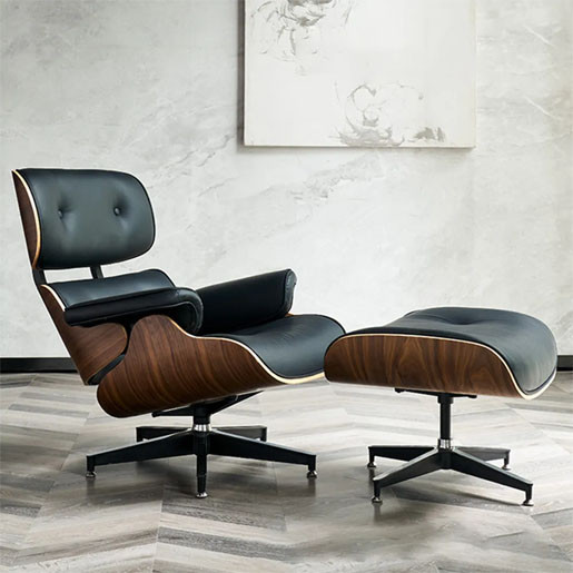 Ergonomic PU leather upholstered recliner with Ottoman style, home office chair, walnut veneer