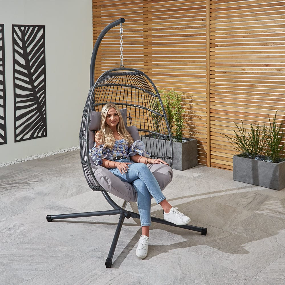 BRADWAY HANGING EGG CHAIR WITH GREY CUSHIONS