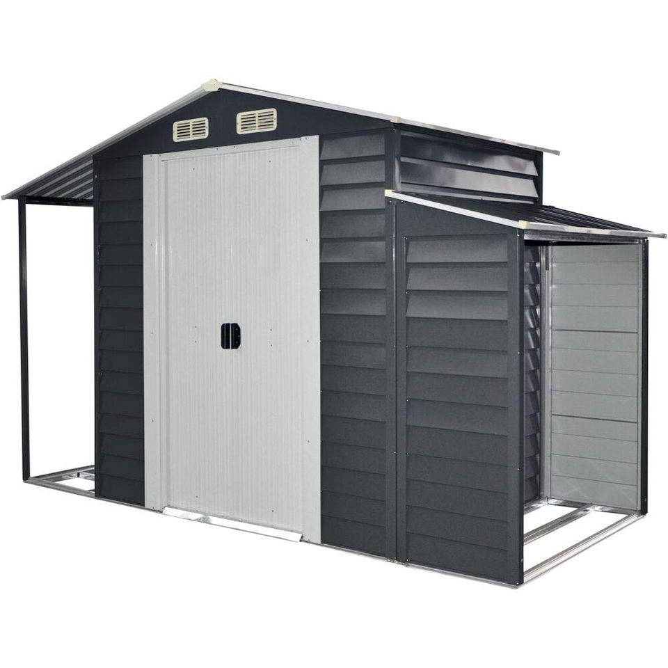 3-in-1 Multi-Use Storage Shed Separate Firewood Storage Open Extension Galvanized Steel