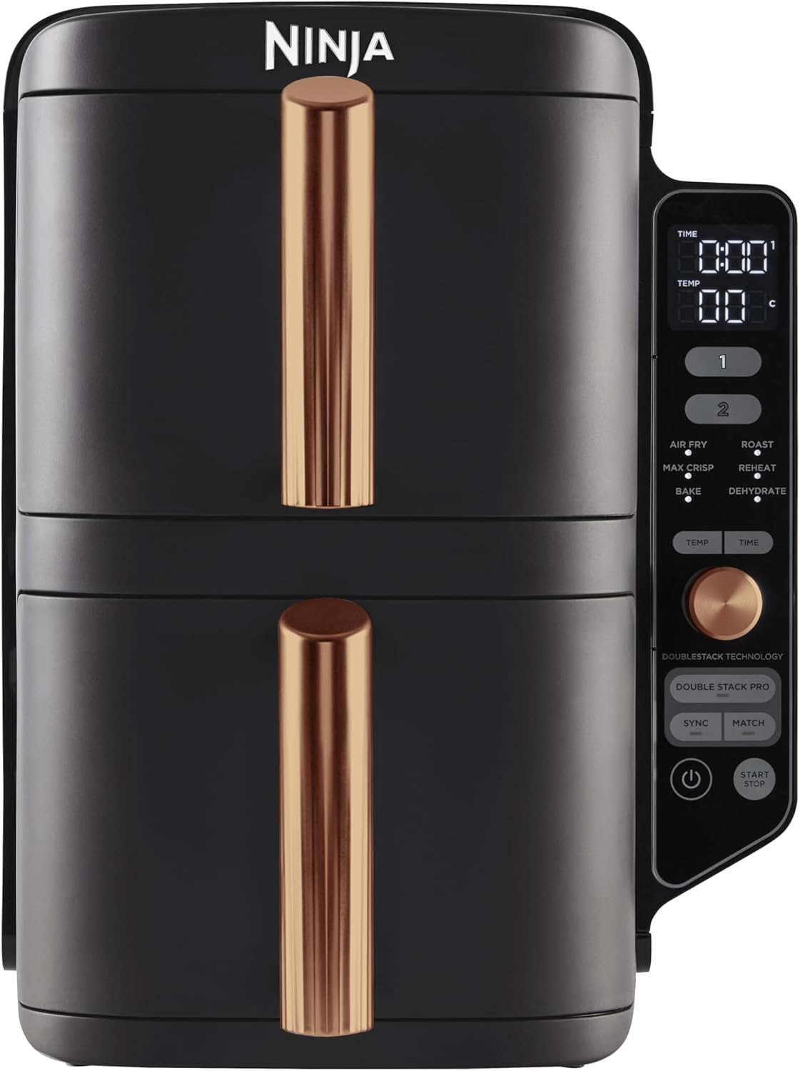 Ninja Double Stack XL Air Fryer, Vertical Dual Drawer Air Fryer with 4 cooking levels, 2 Drawers & 2 Racks, Space Saving Design, 9.5L Capacity, 6 Functions, 8 Portions, Tongs, Black/Copper SL400UKCP