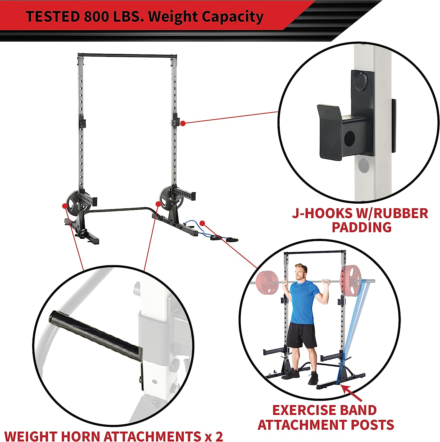 Fitness Reality Squat Rack Power Cage with J-Hooks, Landmine 360° Swivel, Weight Plate Storage Attachment and Power Band Pegs