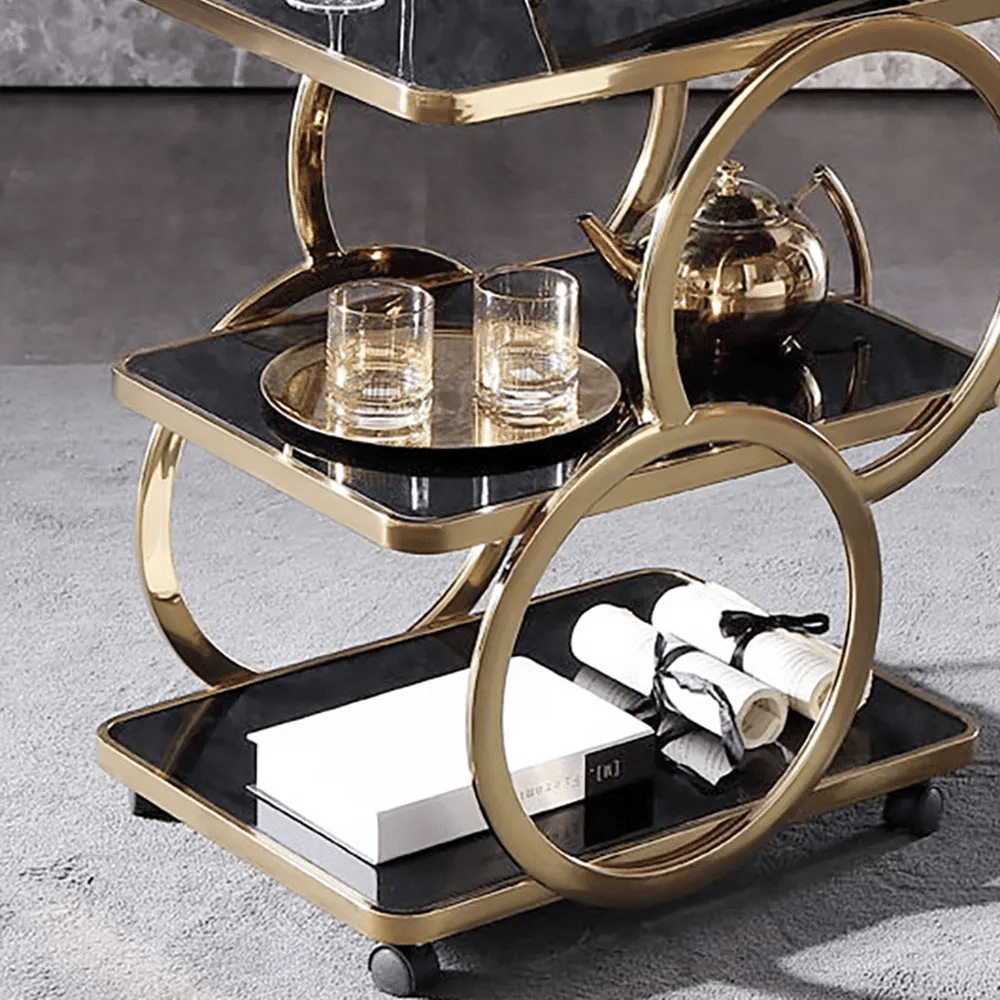 Modern Rolling 3-Tier Bar Cart on Wheel with Handle in Black & Brushed Gold Style A