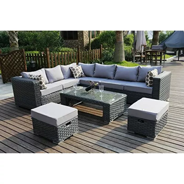 YAKOE 50020 Papaver Conservatory Modular 9 Seater Rattan Corner Garden Sofa Furniture Set – Grey