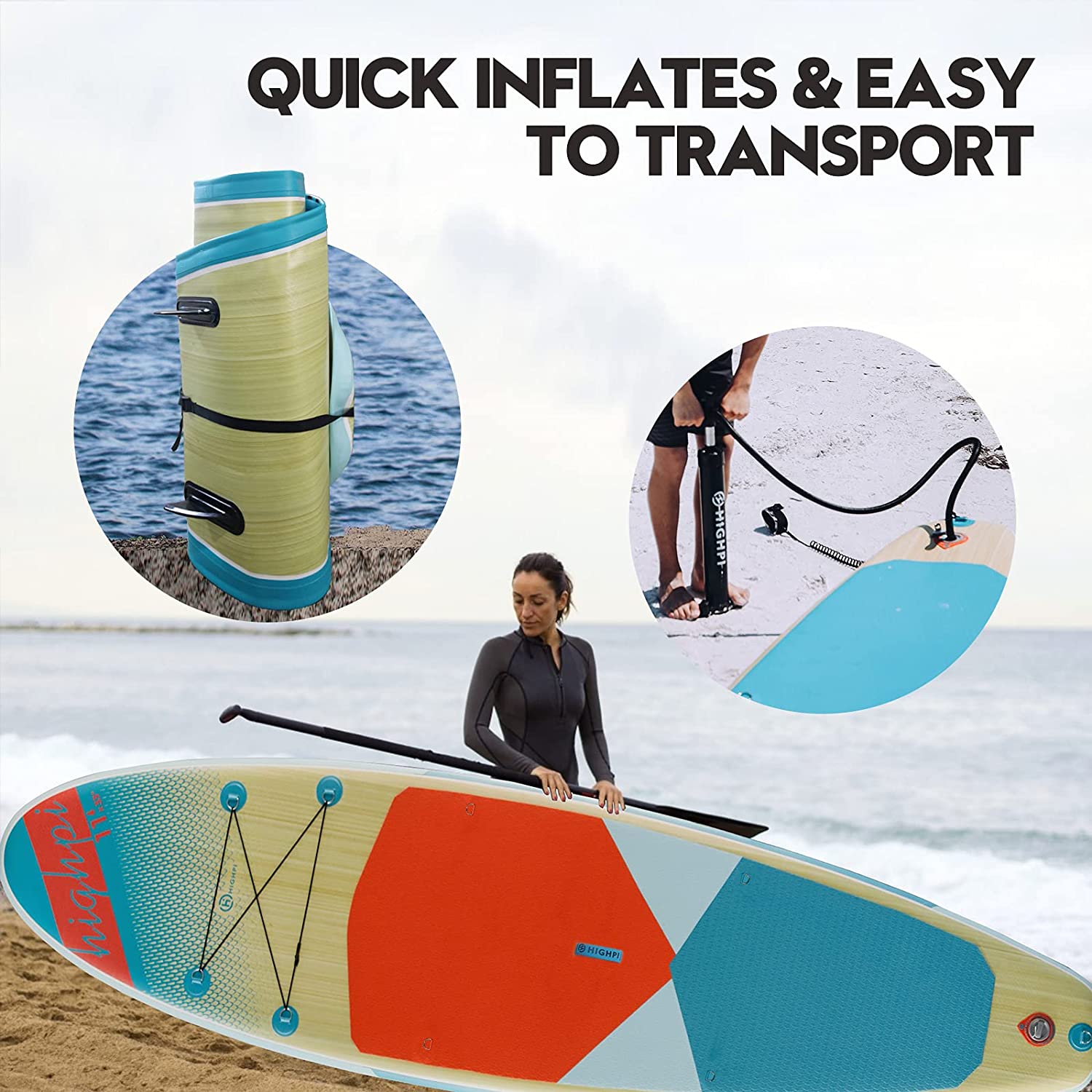 Highpi Inflatable Stand Up Paddle Board 11’x33”x6”W Premium SUP Accessories & Backpack, Wide Stance, Surf Control, Non-Slip Deck, Leash, Paddle and Pump, Standing Boat for Youth & Adult