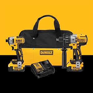 Group shot of 20V MAX Hammer Drill, 20V MAX * XR Impact Driver, a kit bag, and two 4.0Ah batteries