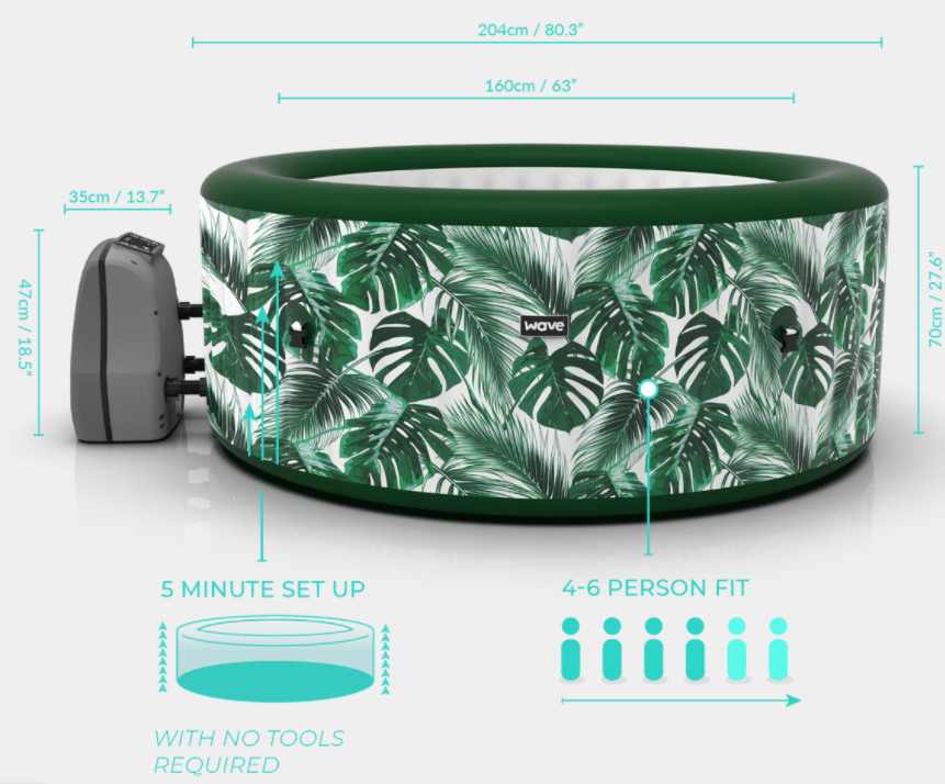 WAVE ATLANTIC PLUS 6 PERSON INFLATABLE HOT TUB, 140 MASSAGING AIR JETS, TROPICAL