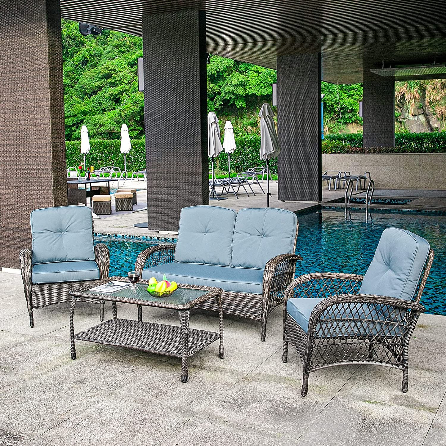 JVMNJLK Garden Wicker Furniture Set All Weather Pure Handmade Rattan Garden Furniture Set with Tempered Glass Coffee Table for Garden, Backyard, Patio, Deck