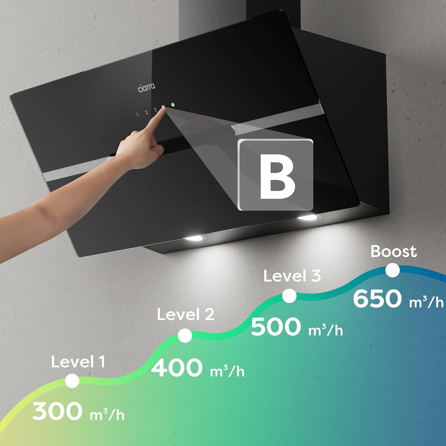 CIARRA CBCB9736F Hotte Aspirante Dip Type (incles)  90 cm 650m³h - Filter - Carbon - Command tactile - 3 vites et feature enhancements LED Dimmable - Noise