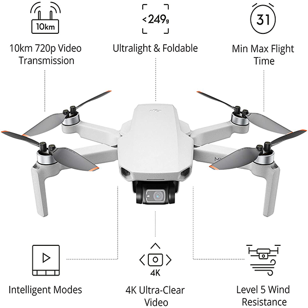 DJI Mini 2-Ultra-light foldable quadcopter drone, 3-axis gimbal, with 4K camera, 12 megapixel photos, 31 minutes flight time, OcuSync 2.0 10 km HD video transmission, QuickShots gray
