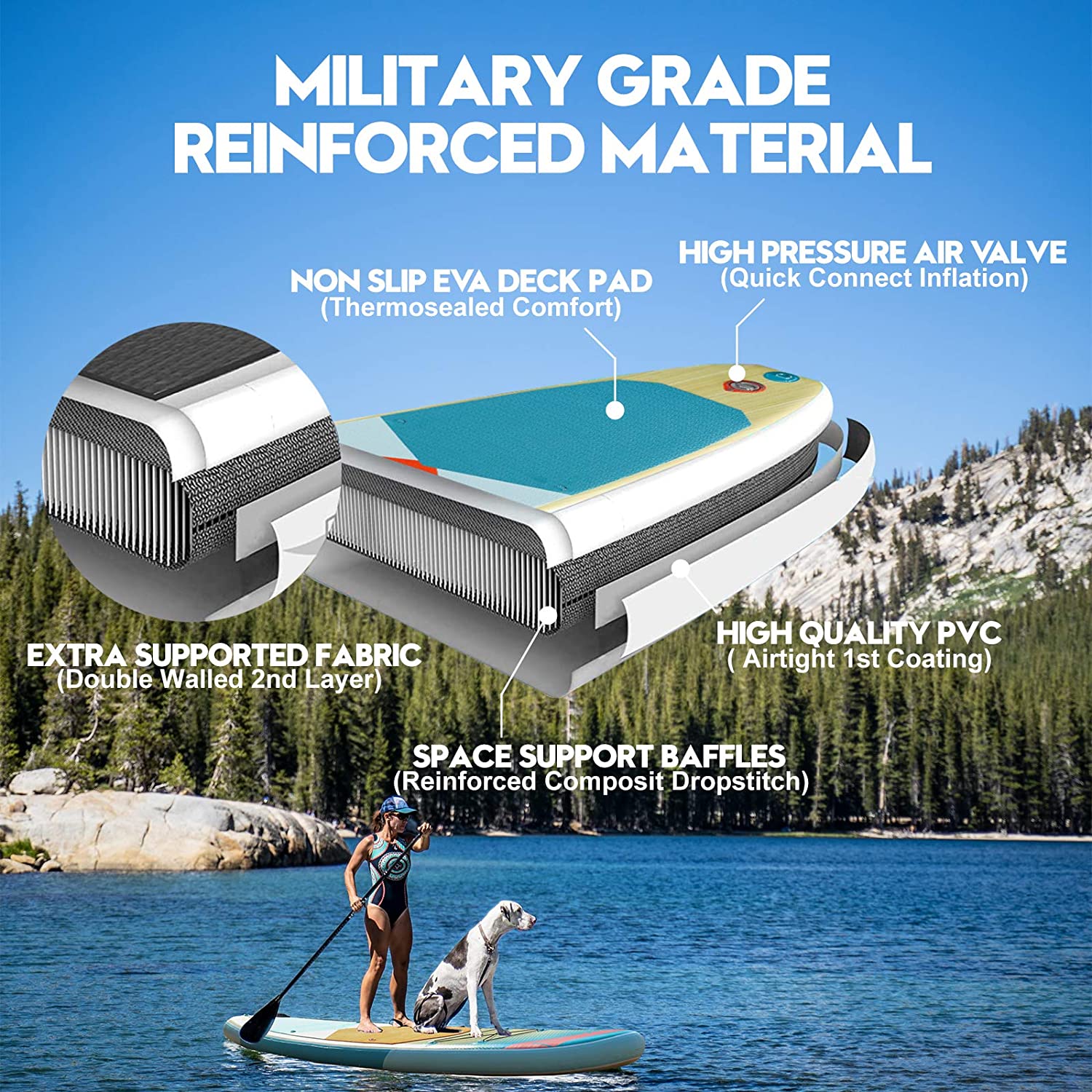 Highpi Inflatable Stand Up Paddle Board 11’x33”x6”W Premium SUP Accessories & Backpack, Wide Stance, Surf Control, Non-Slip Deck, Leash, Paddle and Pump, Standing Boat for Youth & Adult