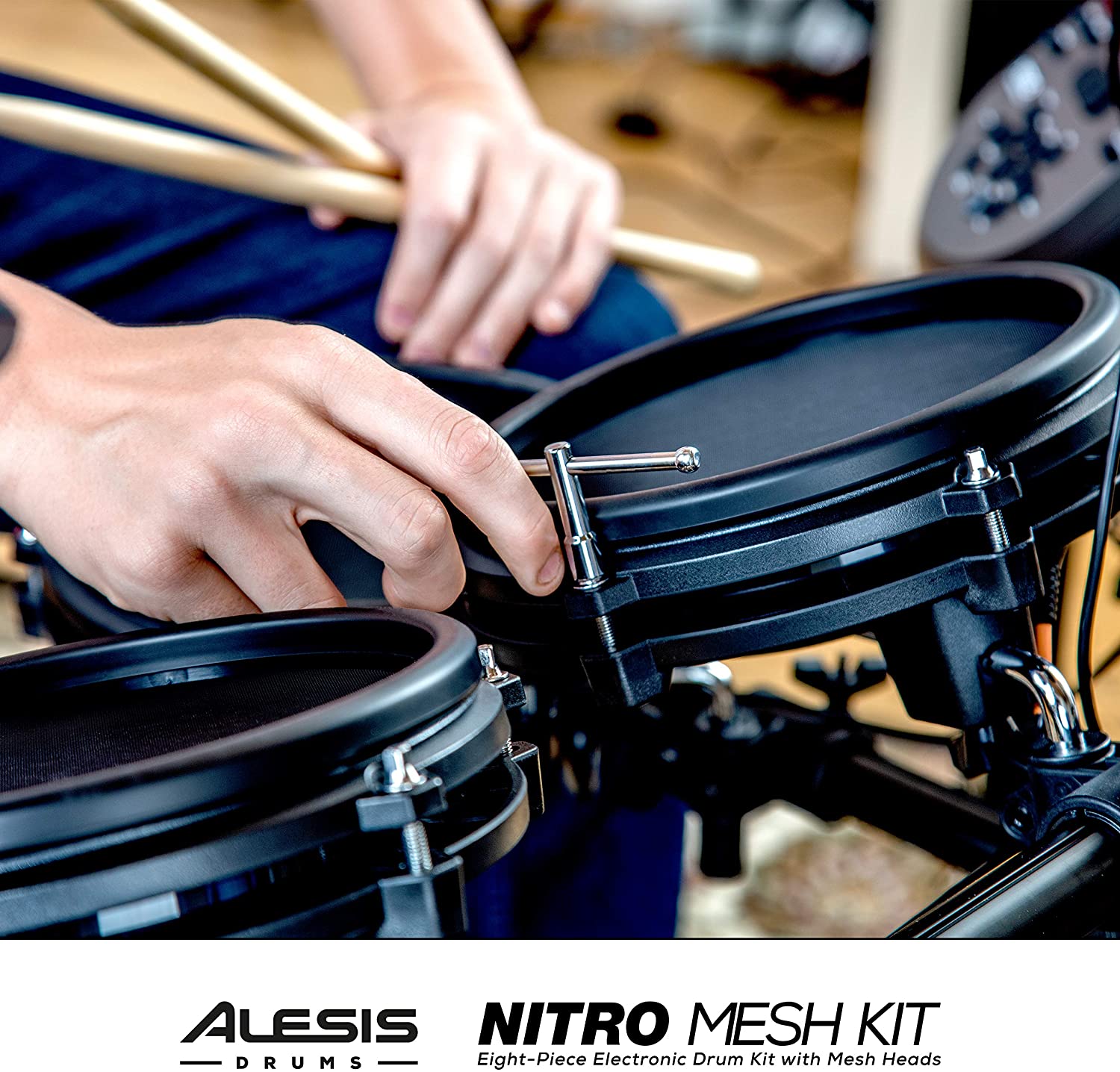 Alesis Drums Nitro Mesh Kit – Eight Piece All Mesh Electronic Drum Kit With Super Solid Aluminum Rack, 385 Sounds, 60 Play Along Tracks, Connection Cables, Drum Sticks & Drum Key Included
