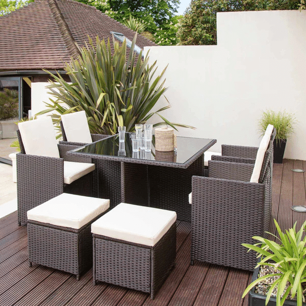8 Seater Rattan Cube Outdoor Dining Set With Parasol - Grey Weave