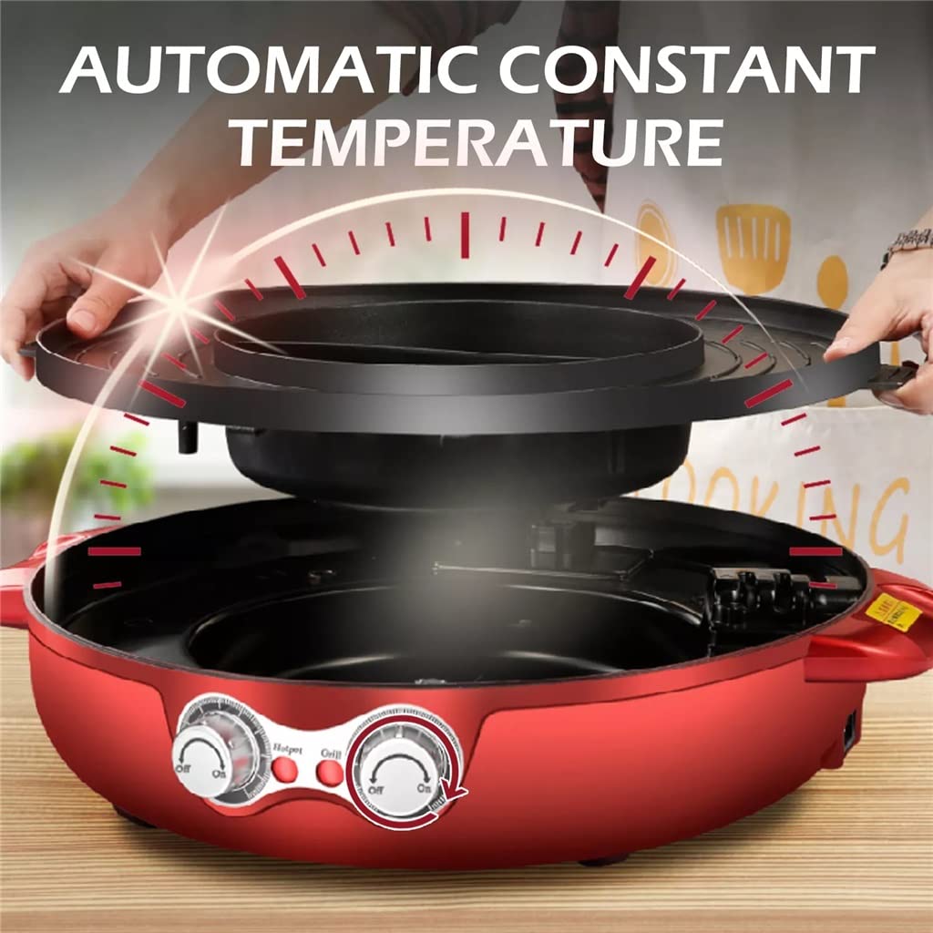 Release 2200W 2 in 1 Electric Smokeless Grill and Hot Pot 110V /220V Split Dual Temperature Control Barbecue Non-Stick Korea BBQ Machine (Color : Red, Size : 54 * 22 * 50cm)
