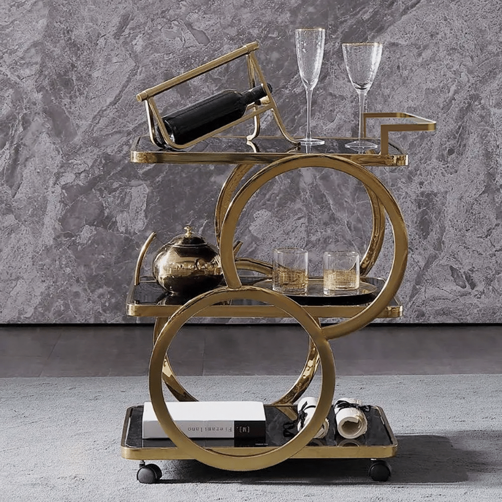 Modern Rolling 3-Tier Bar Cart on Wheel with Handle in Black & Brushed Gold Style A