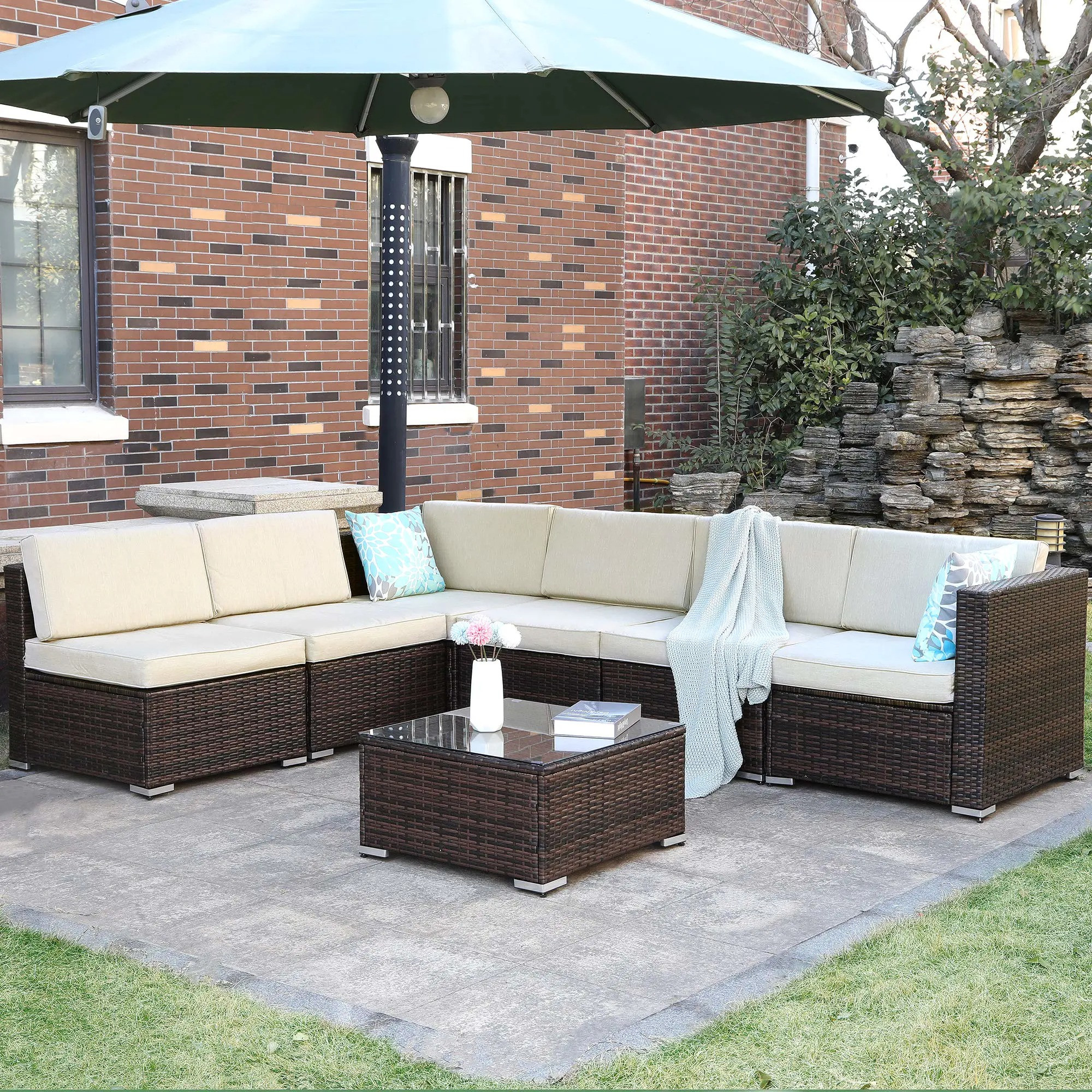 7 Piece Outdoor Patio Furniture Set, Garden Conversation Wicker Sofa Set, Patio Partition Furniture Sofa Set with Coffee Table and Cushions for Lawn, Backyard and Pool Side, Gray Gradient